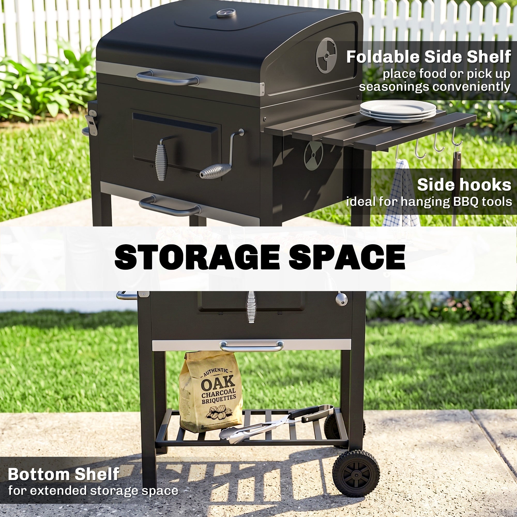 Charcoal BBQ Grill and Smoker Combo Outdoor Portable Trolley Camping Picnic Backyard with Side Shelf, Black