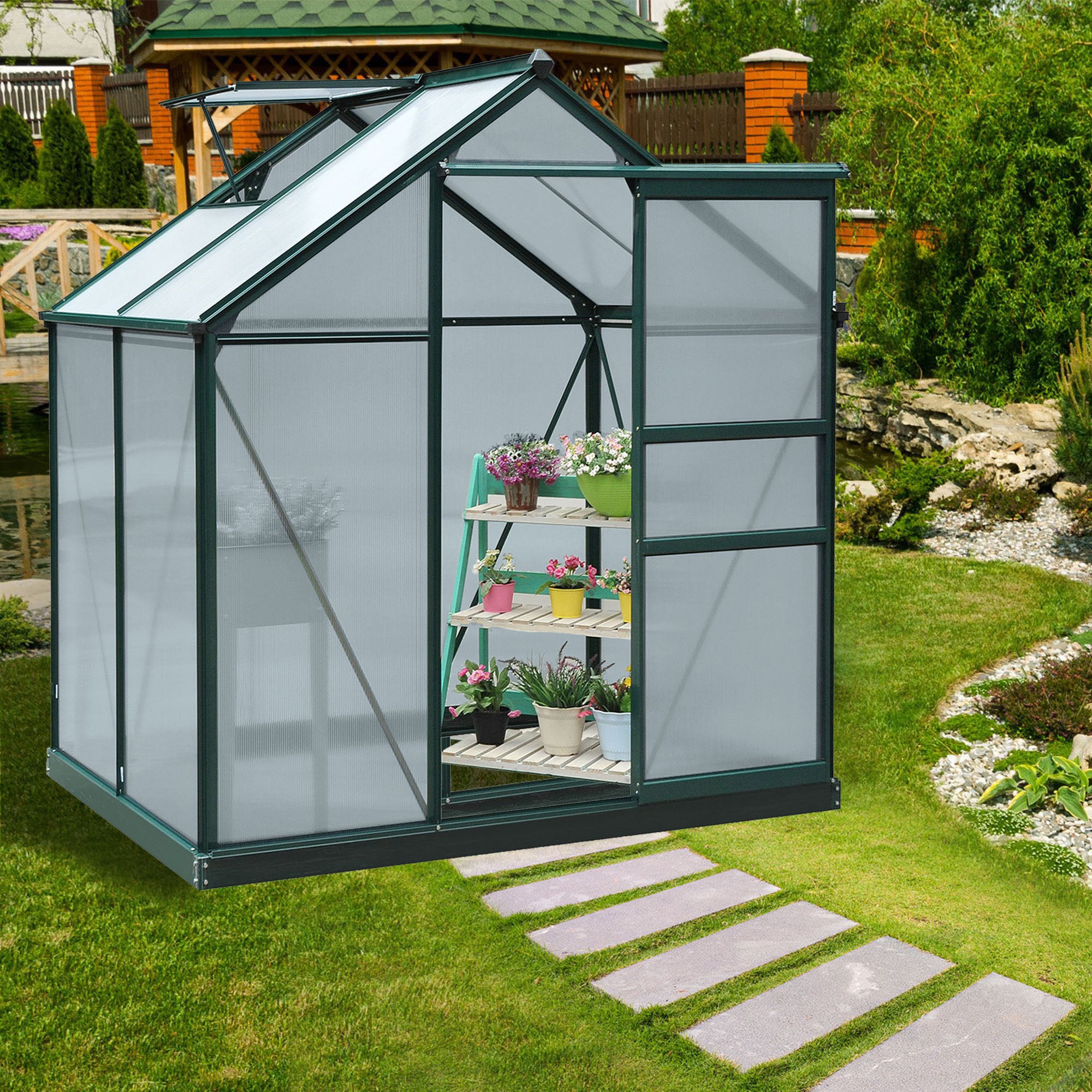 6' x 4' Greenhouse for Outdoors, Polycarbonate Greenhouse with Rain Gutter and Roof Vent, Aluminum Walk-in Green Houses for Outside for Patio Backyard Garden, Dark Green