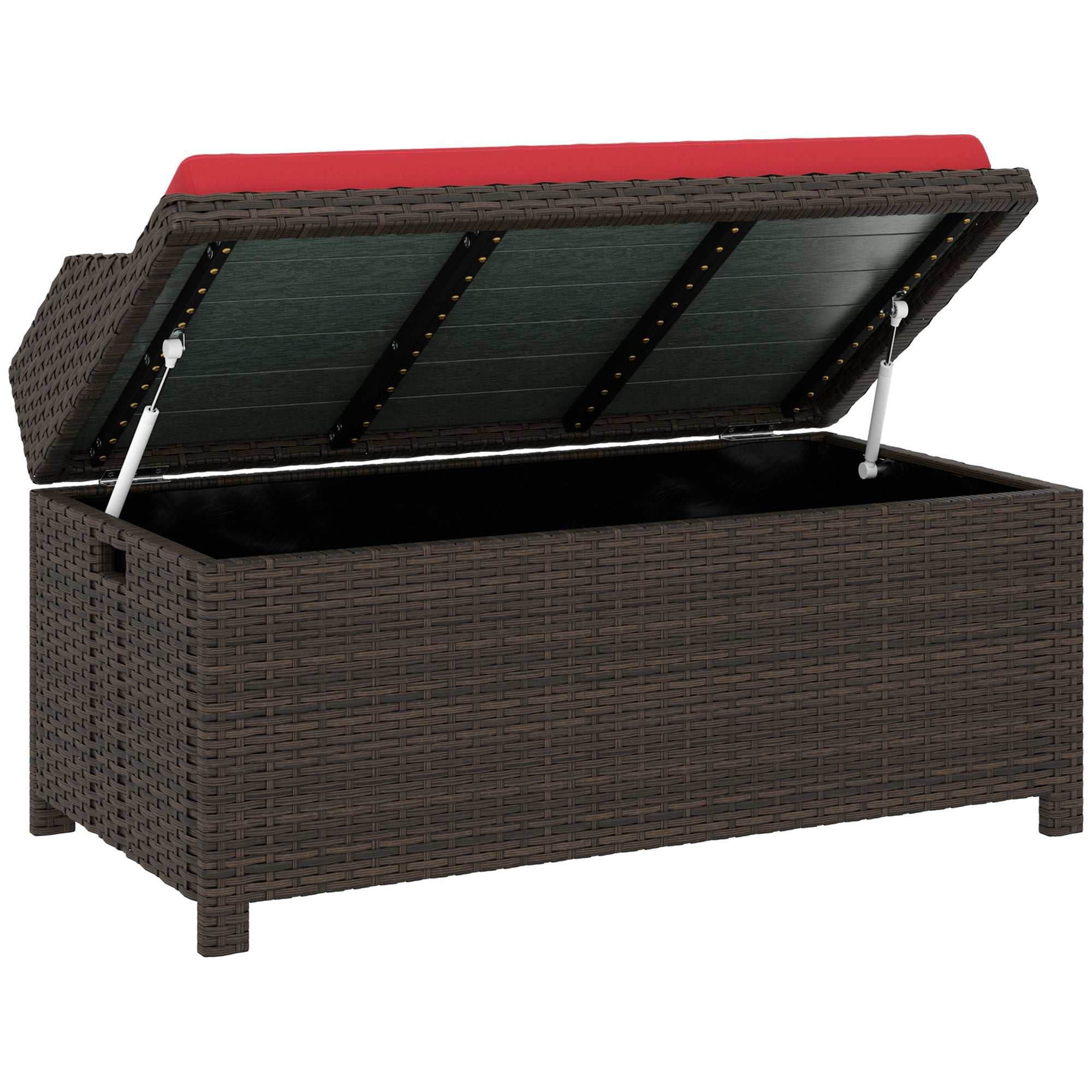 Outdoor Wicker Storage Bench with Storage & Cushion, Red