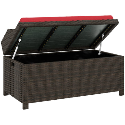 Outdoor Wicker Storage Bench with Storage & Cushion, Red