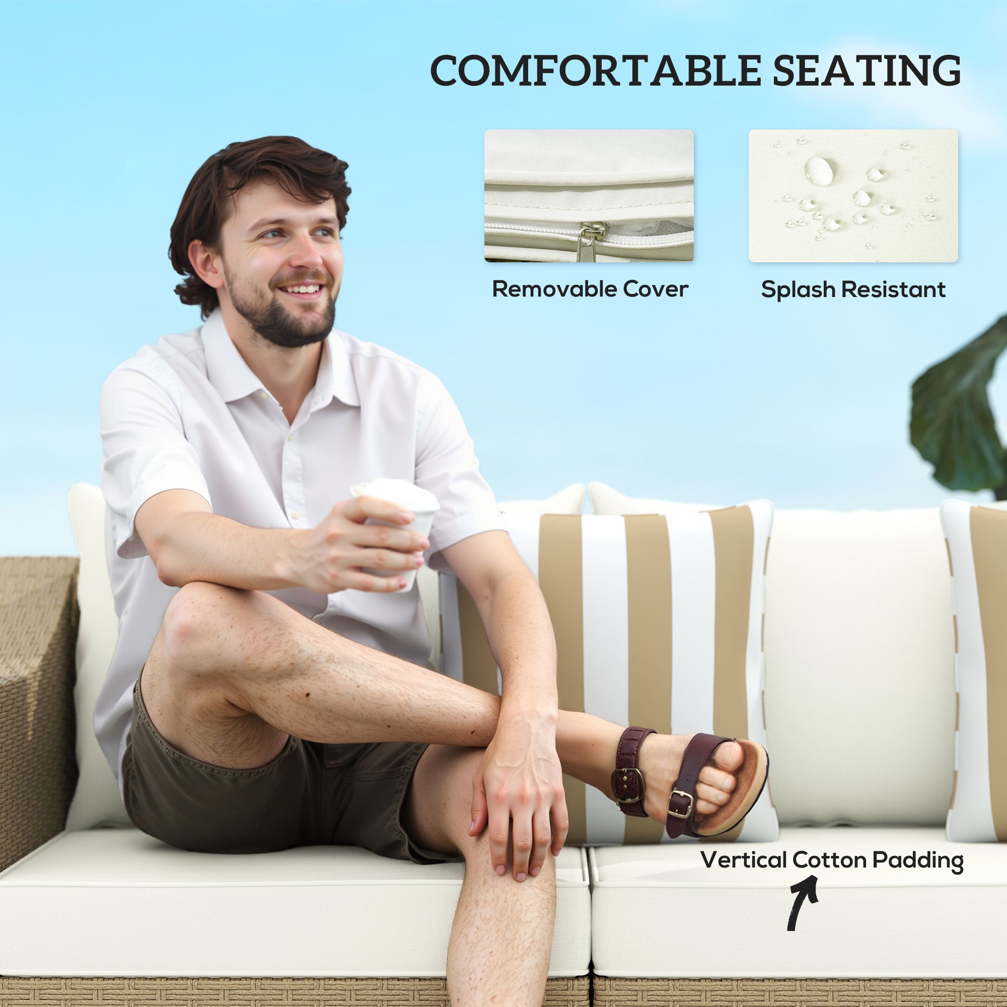 Rattan Wicker 3 Seater Patio Couch with Cushions, 2 Throw Pillows, Outdoor Furniture Rattan Sofa