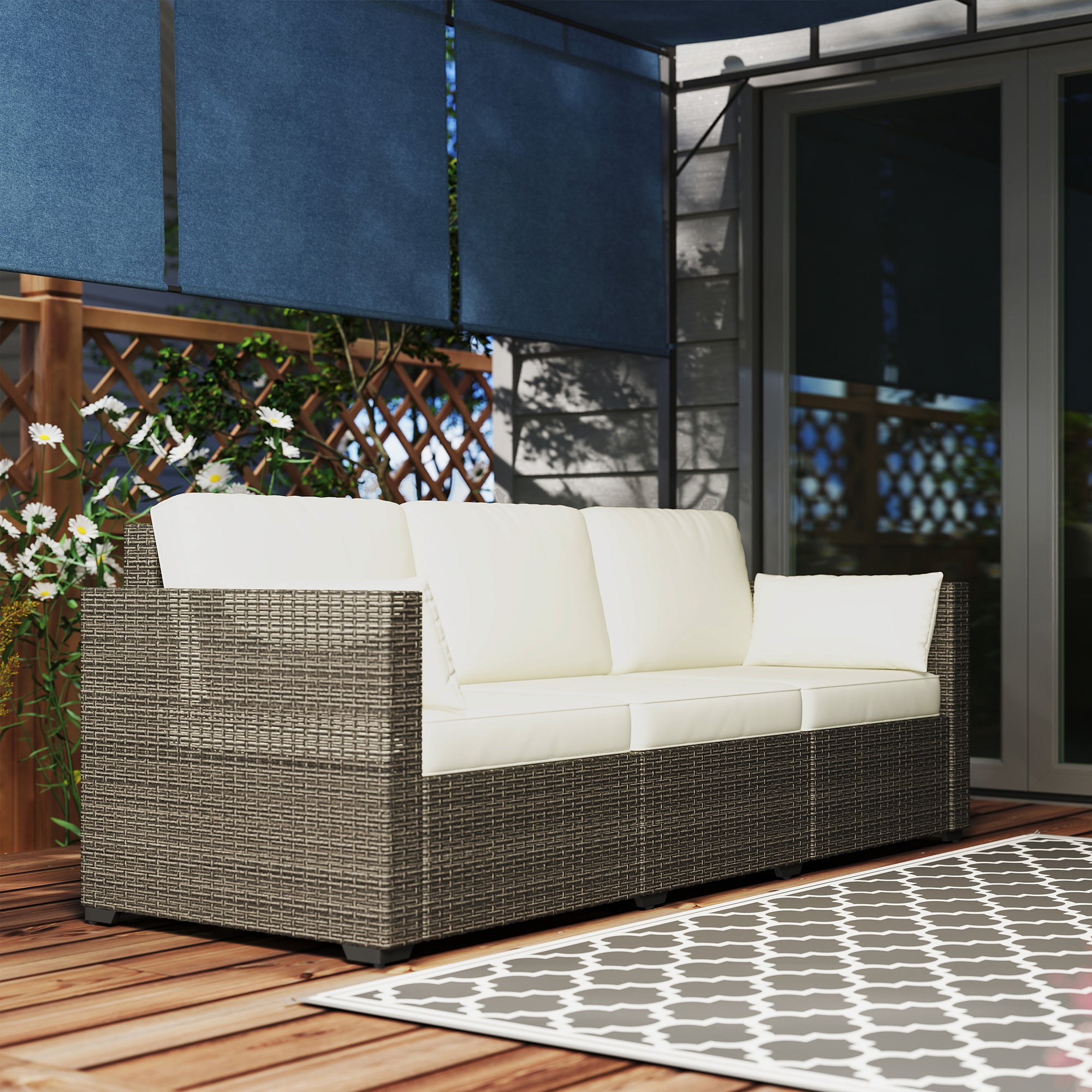 Patio Couch PE Wicker Deep Seating Outdoor Sofa with Removable Cushions, 3 Seater Rattan Sofa, Outdoor Furniture for Balcony, Deck, Garden and Poolside
