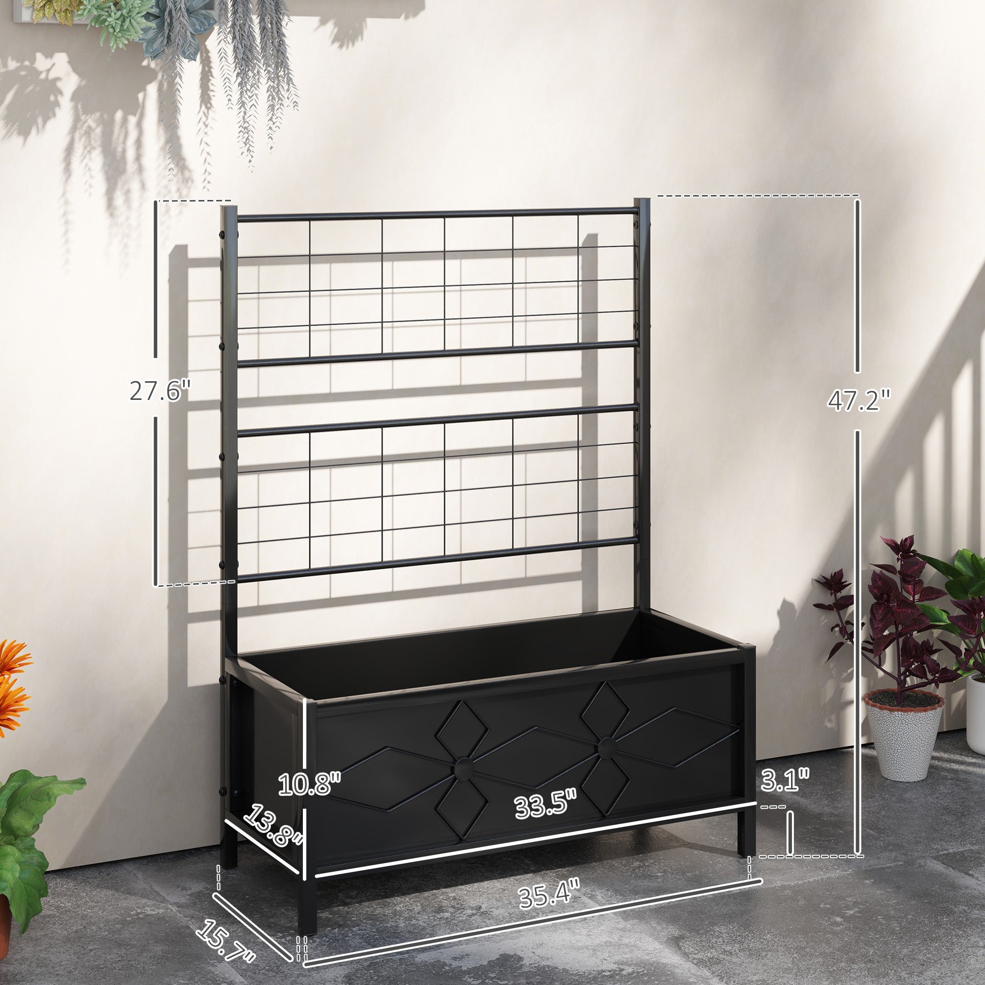 Outdoor Planter Box Galvanized Raised Garden Bed with Trellis for Climbing Vines, 35.4" x 15.7" x 47.2"