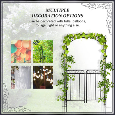 84" Garden Arch Arbor with Gate, Metal Arch Trellis, Garden Archway for Climbing Vines, Wedding Ceremony Decoration, Flourishes & Arrow Tips, Black