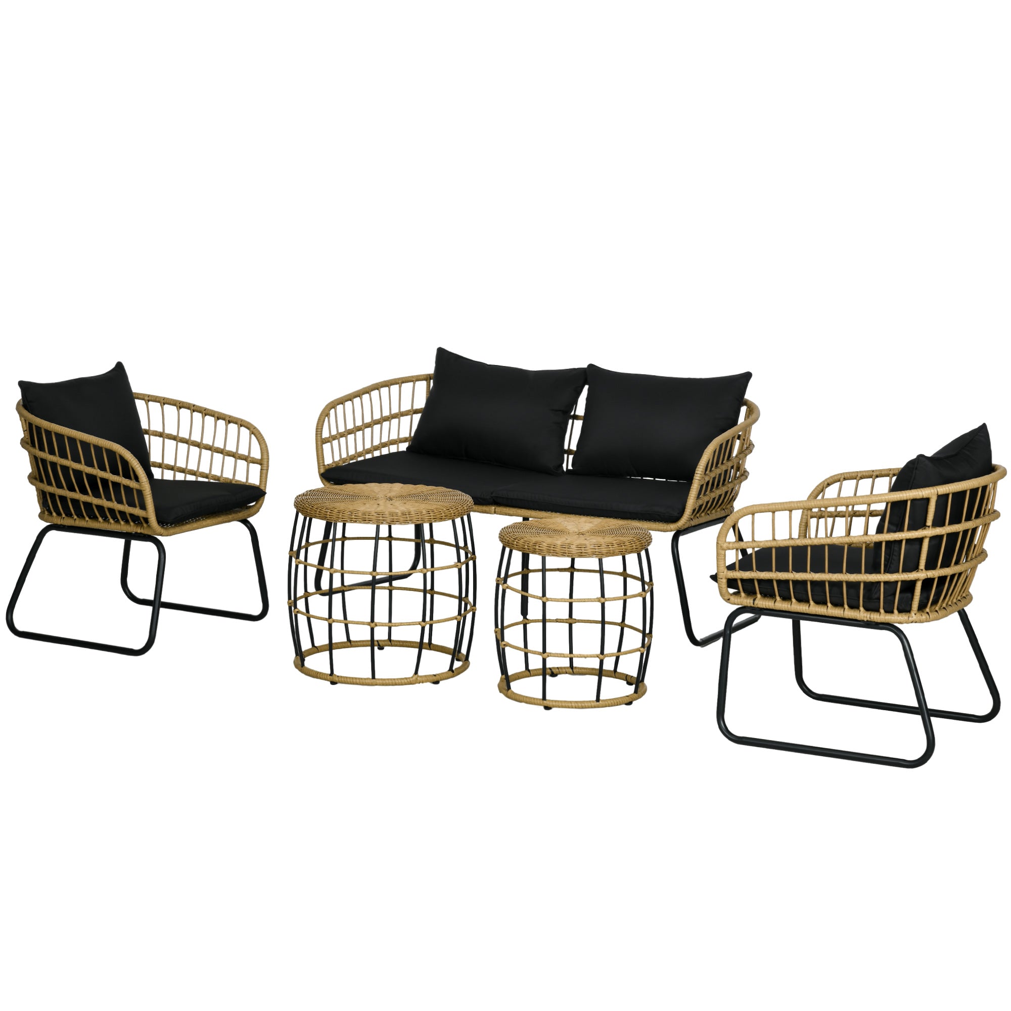 5 Piece PE Rattan Outdoor Furniture Set with Cushioned Chairs, Loveseat Sofa & Stackable Coffee Tables