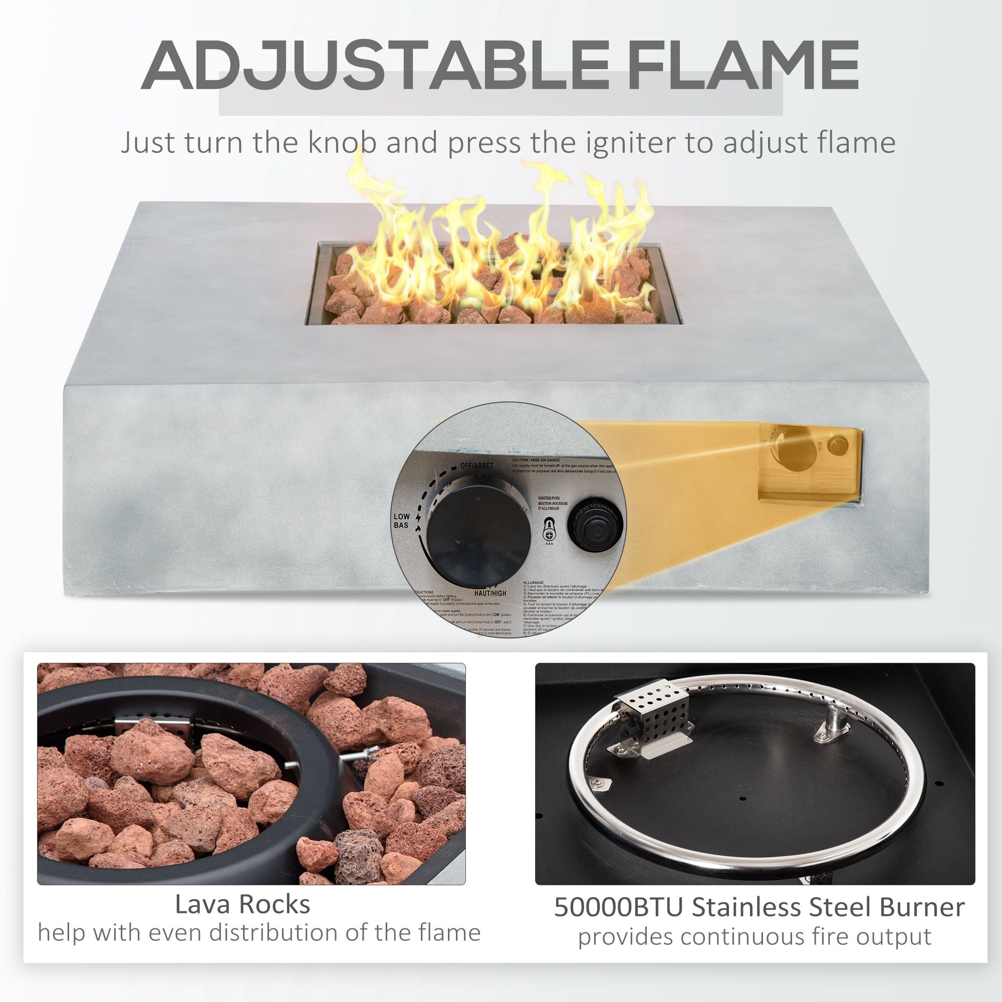 Outdoor Propane Fire Pit Table Faux Grey Ledge Stone 42-inch Square Gas Fire Pit Table, 50,000BTU Auto Ignition Gas Firepits with Protective Cover, Lava Rocks, CSA Certification for Outdoor, Grey