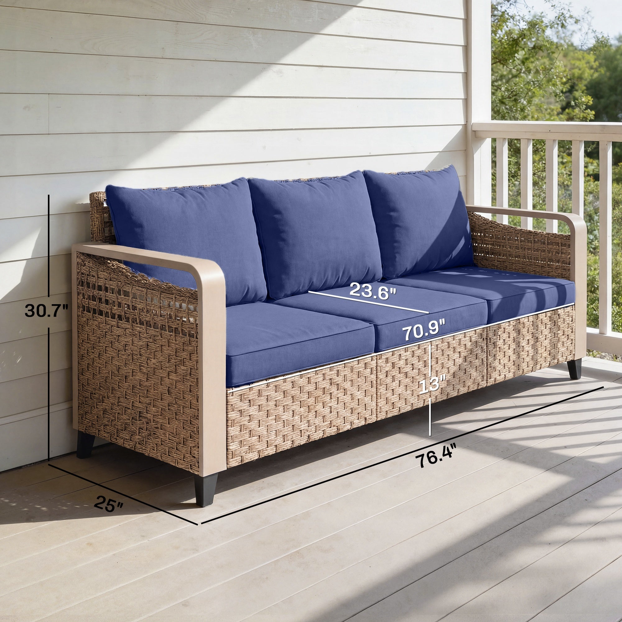 Rattan Wicker Sofa 3-Seater Outdoor Patio Sofa with Cushions for Garden Backyard Porch