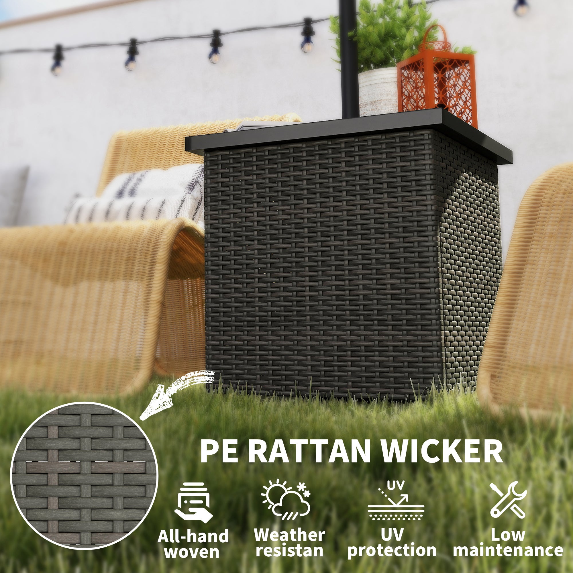Wicker Side Table with 1.5" Umbrella Hole, Square Outdoor End Table with UV-Resistant Frame, Storage Space
