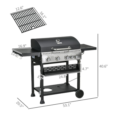 4 Burner Propane Gas Grill with Side Burner, 40,000 BTU Outdoor Barbeque with Shelves, Thermometer, Bottle Opener, Black