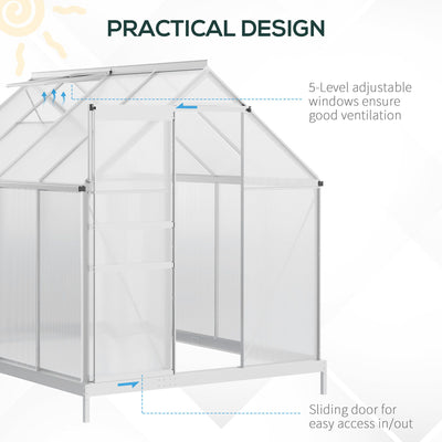 6' x 6' x 6.5' Polycarbonate Greenhouse with Aluminum Frame, Walk-in Heavy Duty Green House with Adjustable Roof Vent, Rain Gutter and Sliding Door for Winter, Silver