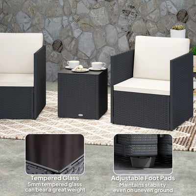 Folding Wicker Bistro Set, 3 Piece Patio Furniture Set with Cushions and Glass Coffee Table for Porch, Balcony