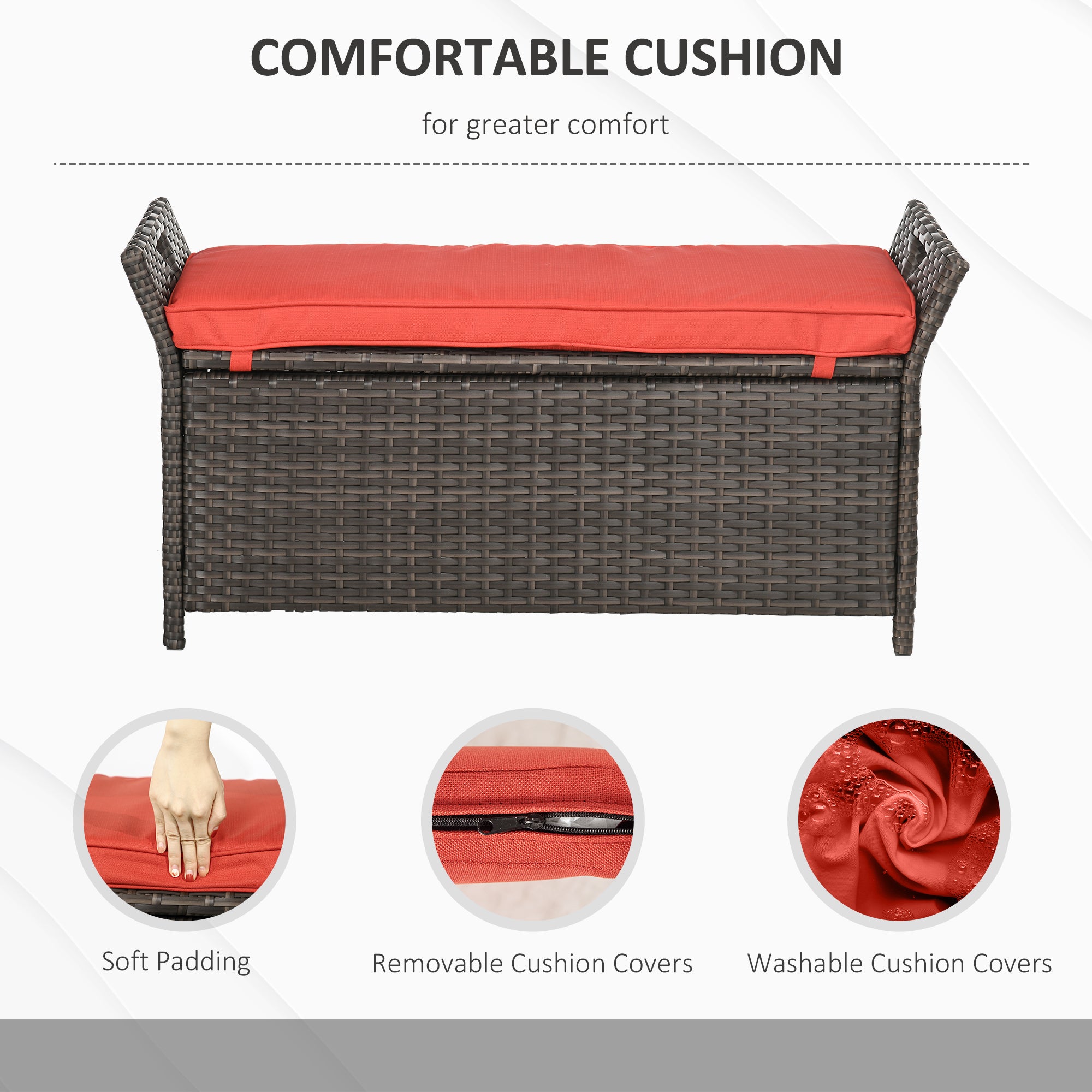 29 Gallon Patio Wicker Storage Bench, Outdoor PE Rattan Furniture, 2-In-1 Large Capacity Rectangle Garden Storage Box with Handles and Cushion