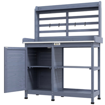 Wooden Potting Bench with Storage, Aluminum Tabletop for Backyard, Patio, Balcony