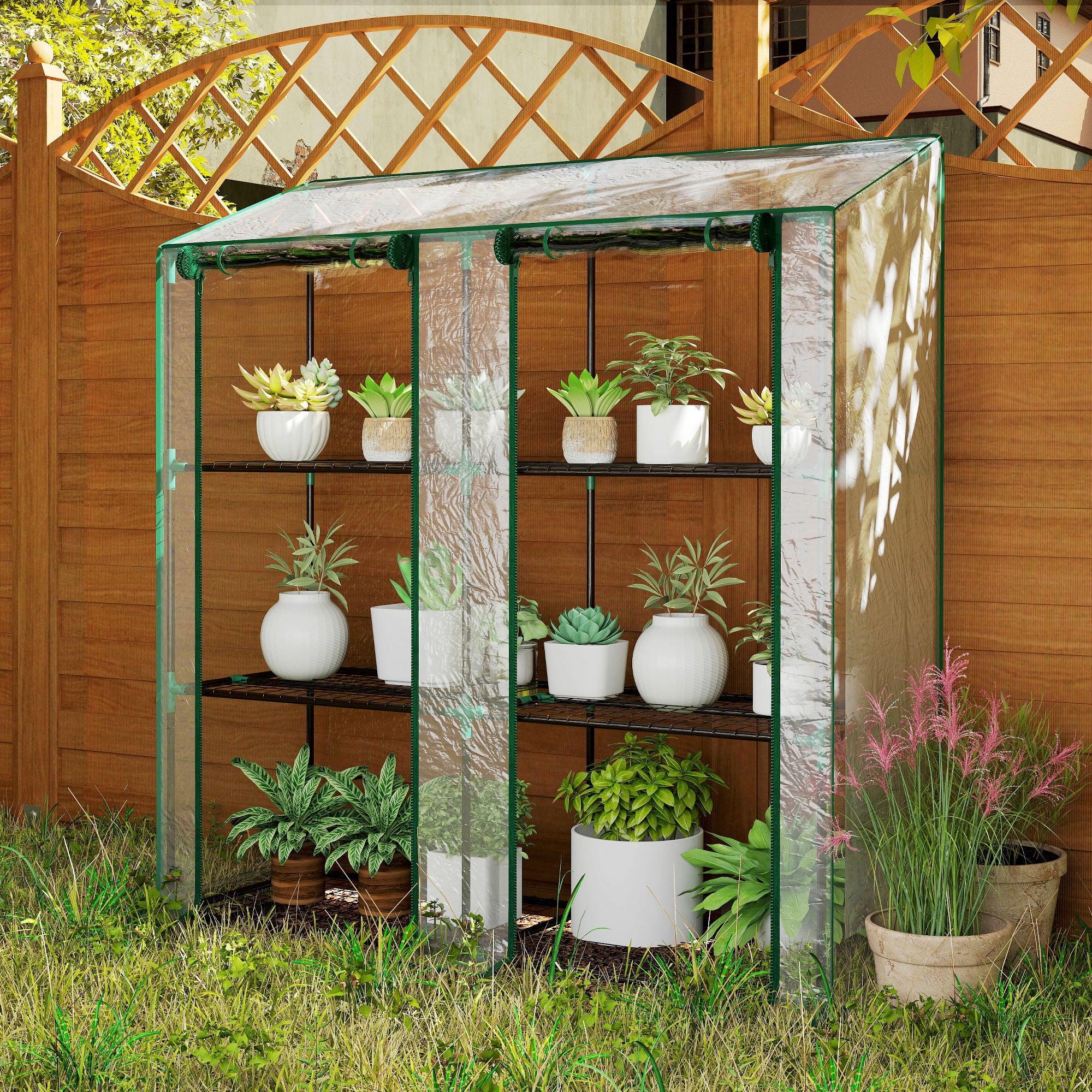 Lean-to Greenhouse, Portable Greenhouse with 3 Tier Shelves, 2 Roll-Up Zippered Doors, 56.3" x 18.1" x 59.4", Clear