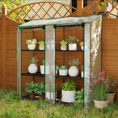 Lean-to Greenhouse, Portable Greenhouse with 3 Tier Shelves, 2 Roll-Up Zippered Doors, 56.3" x 18.1" x 59.4", Clear