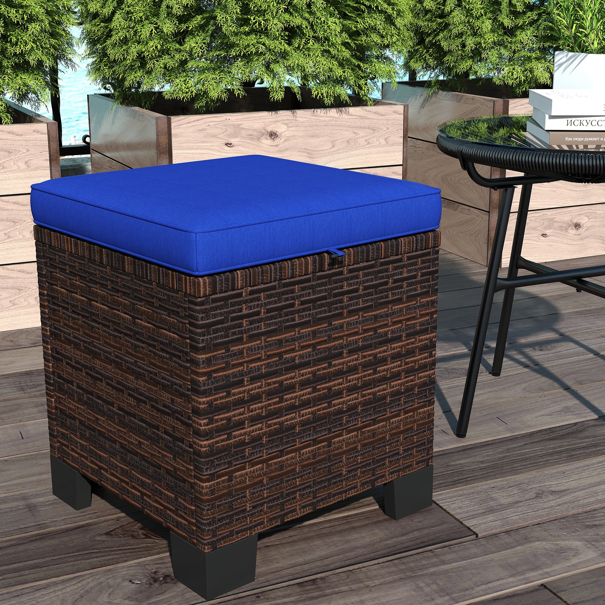 2 Piece Wicker Outdoor Ottomans with Cushions, Rattan Ottoman Footrest and Side Table for Patio, Yard, Poolside