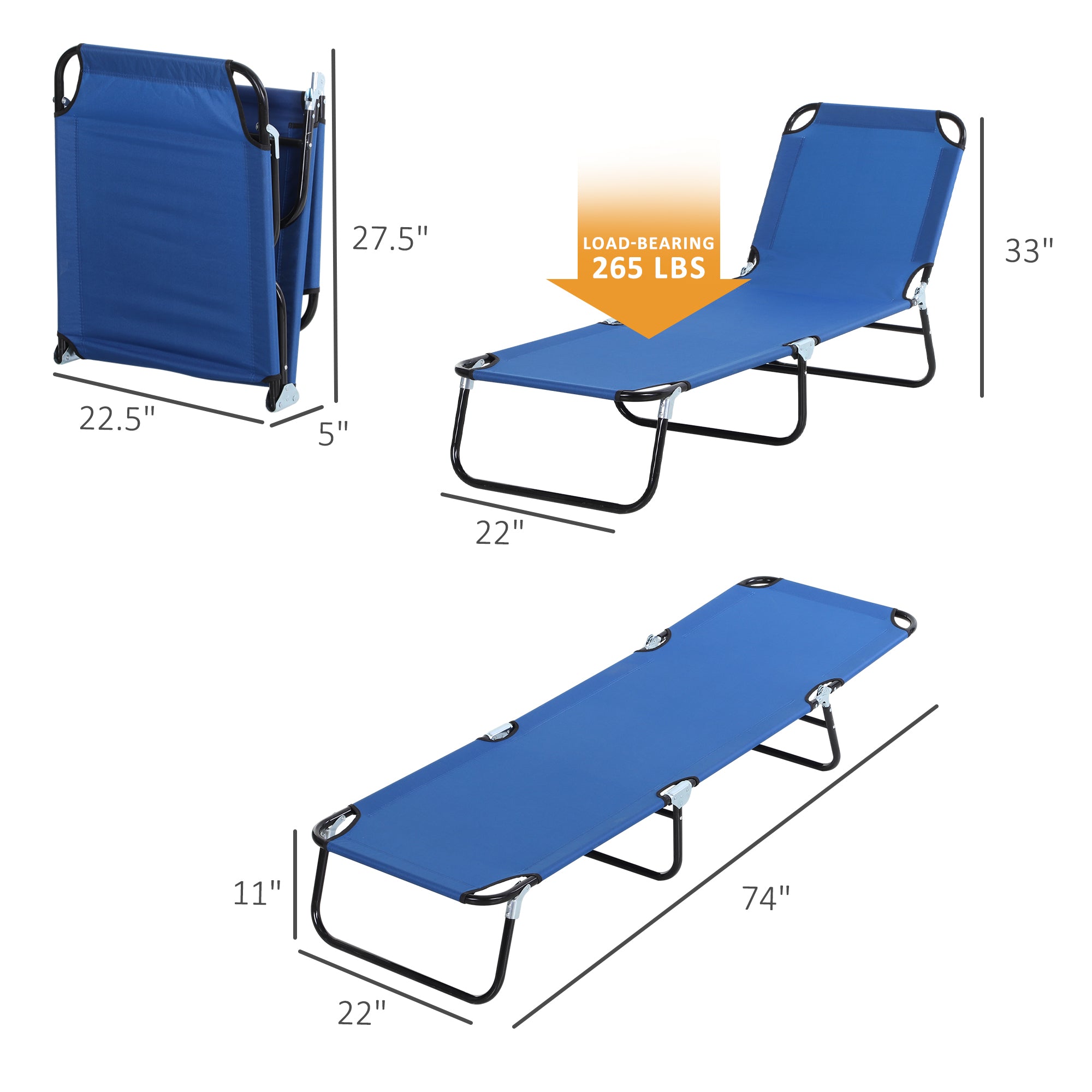 Folding Chaise Lounge Pool Chairs, Outdoor Sun Tanning Chairs with 5-Level Reclining Back, Steel Frame for Beach, Yard, Patio
