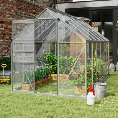 6' x 6' x 6.5' Polycarbonate Greenhouse with Aluminum Frame, Walk-in Heavy Duty Green House with Adjustable Roof Vent, Rain Gutter and Sliding Door for Winter, Silver