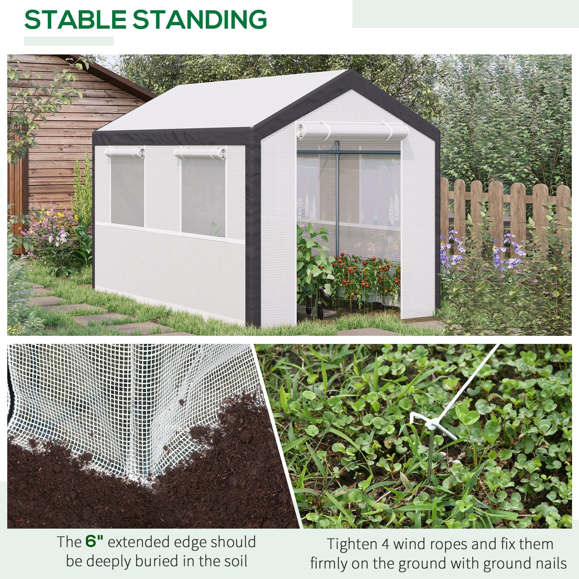 10' x 7' x 7' Greenhouse, Walk-in Outdoor Tunnel Green House with PE Cover, Steel Frame, 2 Roll-Up Zipper Doors & 4 Windows for Flowers, Vegetables, Tropical Plants, White