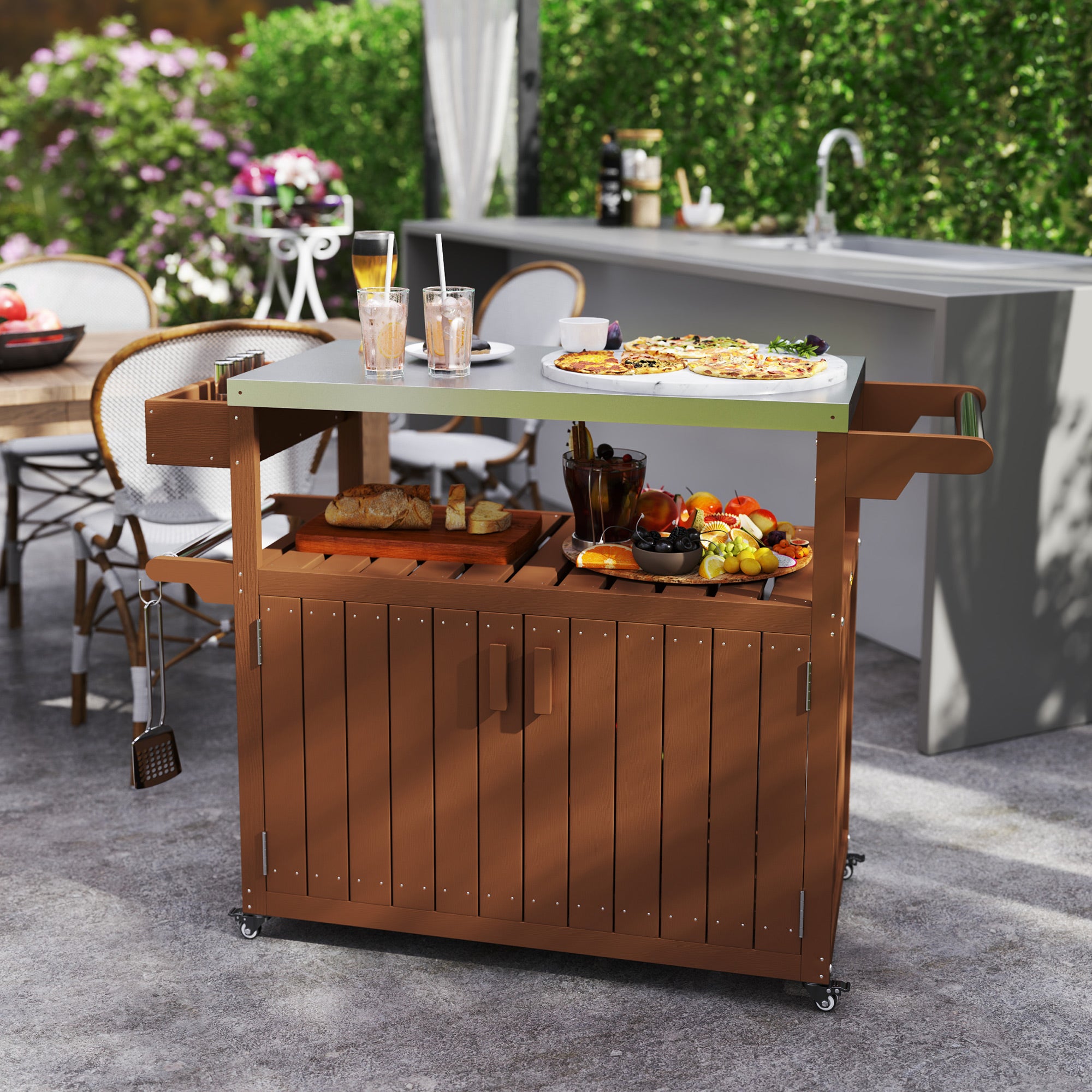 Outdoor Bar Cart with Storage, Stainless Steel Outdoor Bar Table Top, Wheeled HDPE Kitchen Island for Food Prep