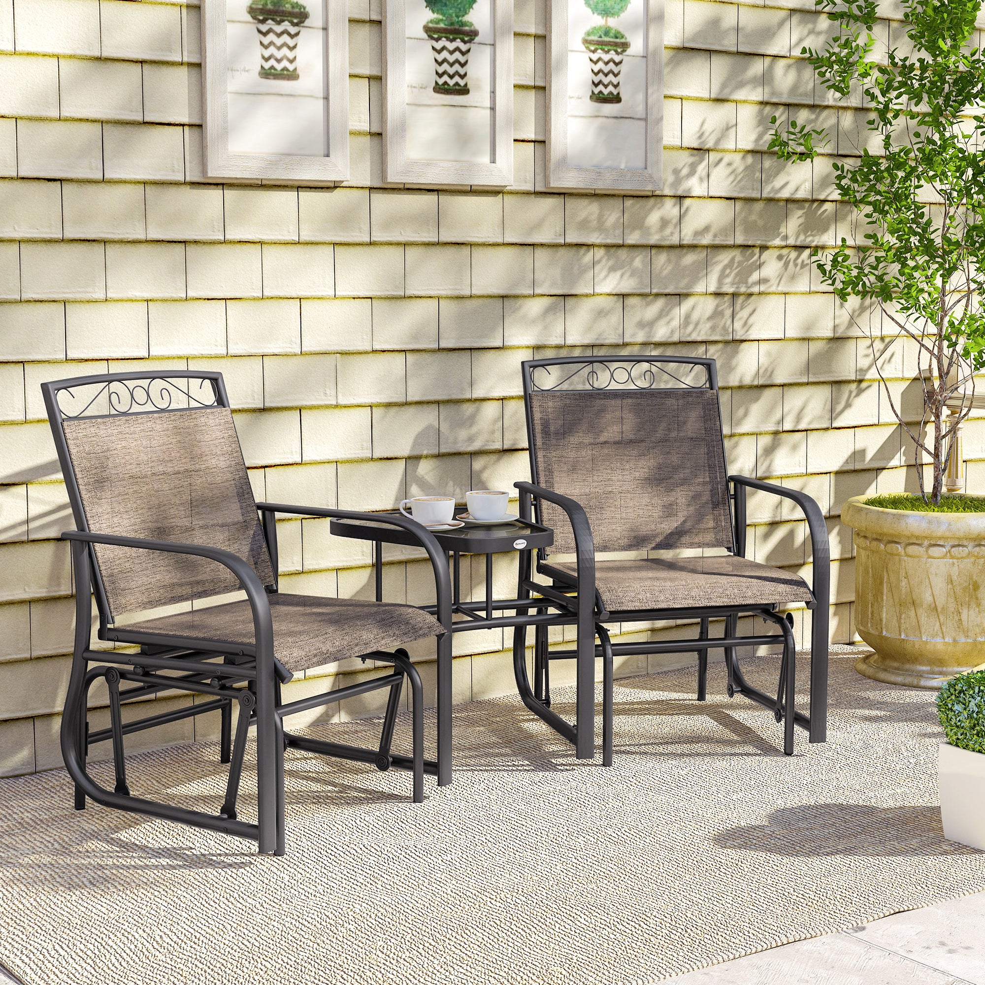 Outdoor Glider Chairs with Coffee Table, Patio 2-Seat Rocking Chair Swing with Breathable Sling for Backyard, Garden and Porch