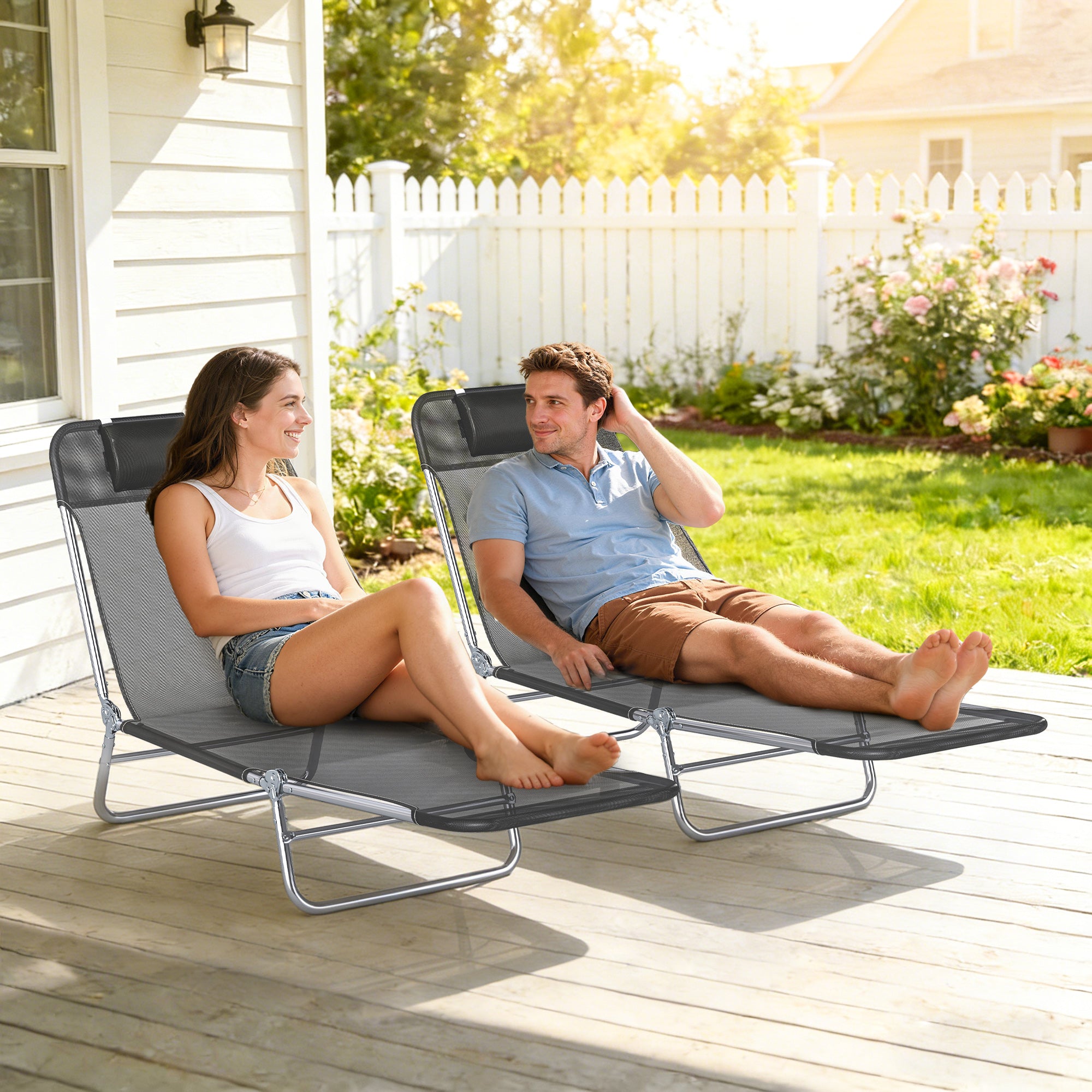 2 Piece Folding Chaise Lounge Chairs, Pool Sun Tanning Chairs with Reclining Back, Breathable Mesh Seat
