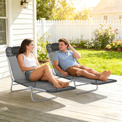 2 Piece Folding Chaise Lounge Chairs, Pool Sun Tanning Chairs with Reclining Back, Breathable Mesh Seat