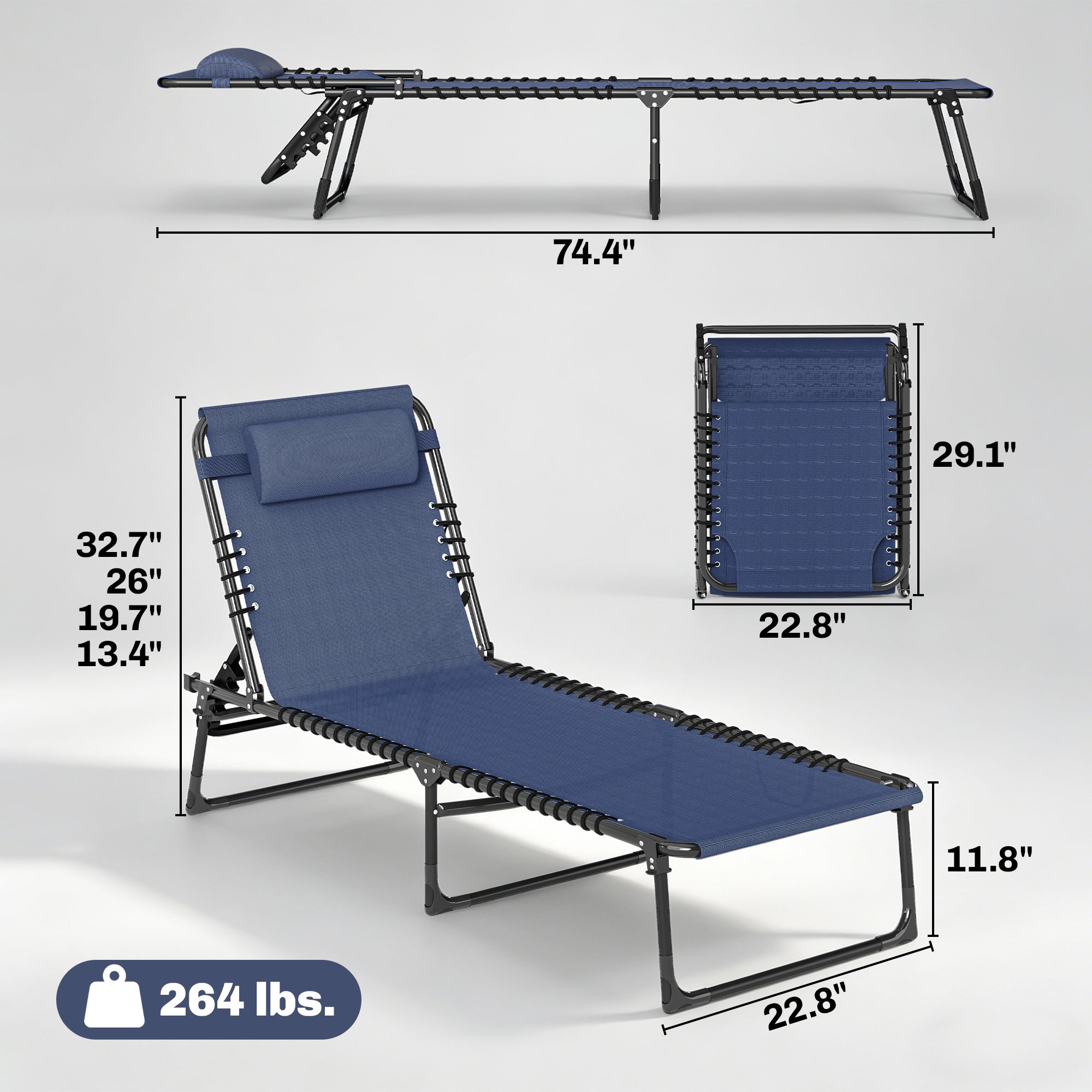 2 Folding Chaise Lounge Pool Chairs with 4-Position Reclining Back, Pillow, Breathable Mesh & Bungee Seat