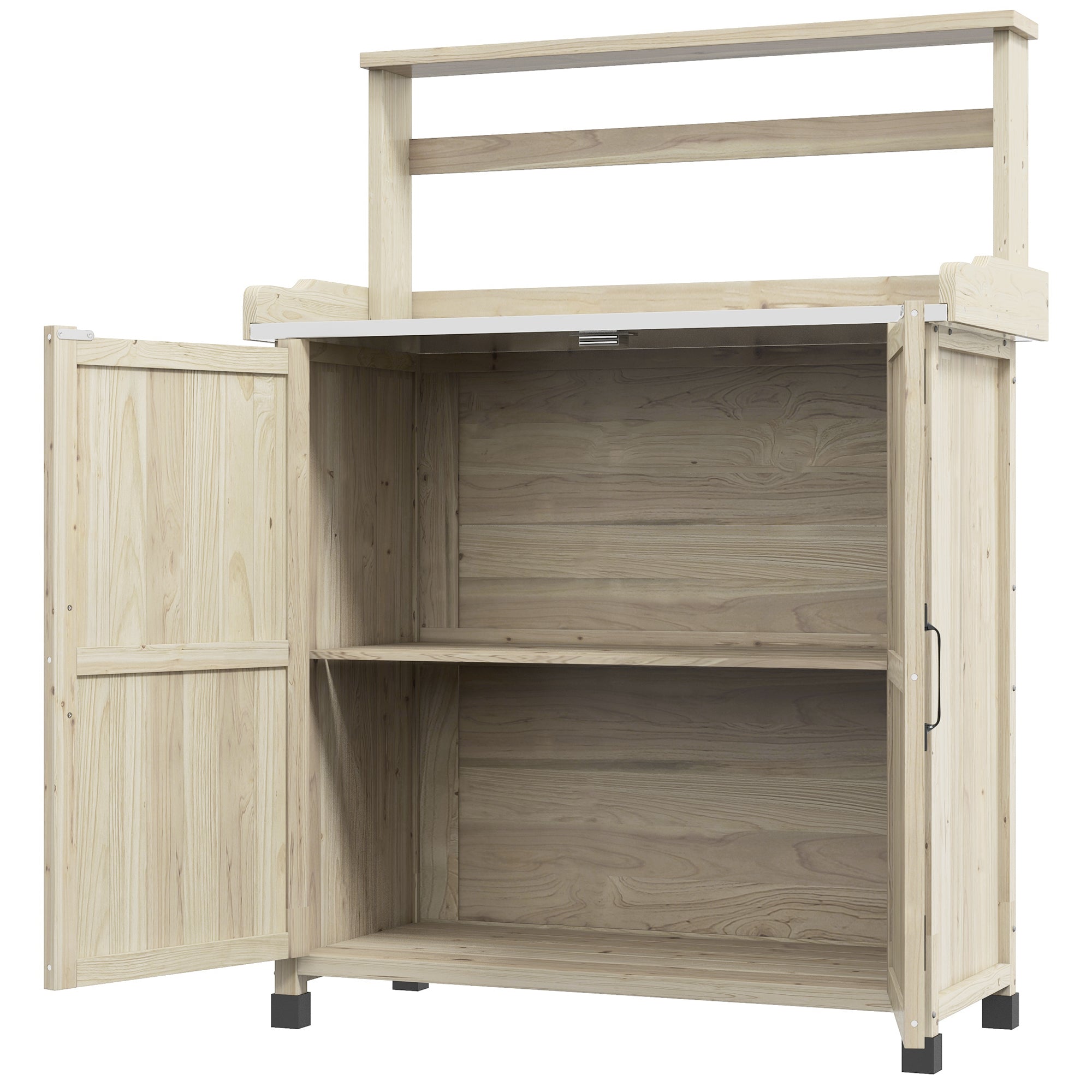 Outdoor Wooden Potting Bench with Storage Cabinet, Shelves, Galvanized Plated Tabletop for Backyard, Balcony