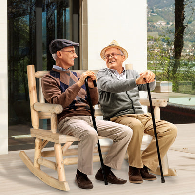 2-Person Wood Rocking Chair with Log Design, Heavy Duty Loveseat with Wide Curved Seats for Patio, Backyard, Garden