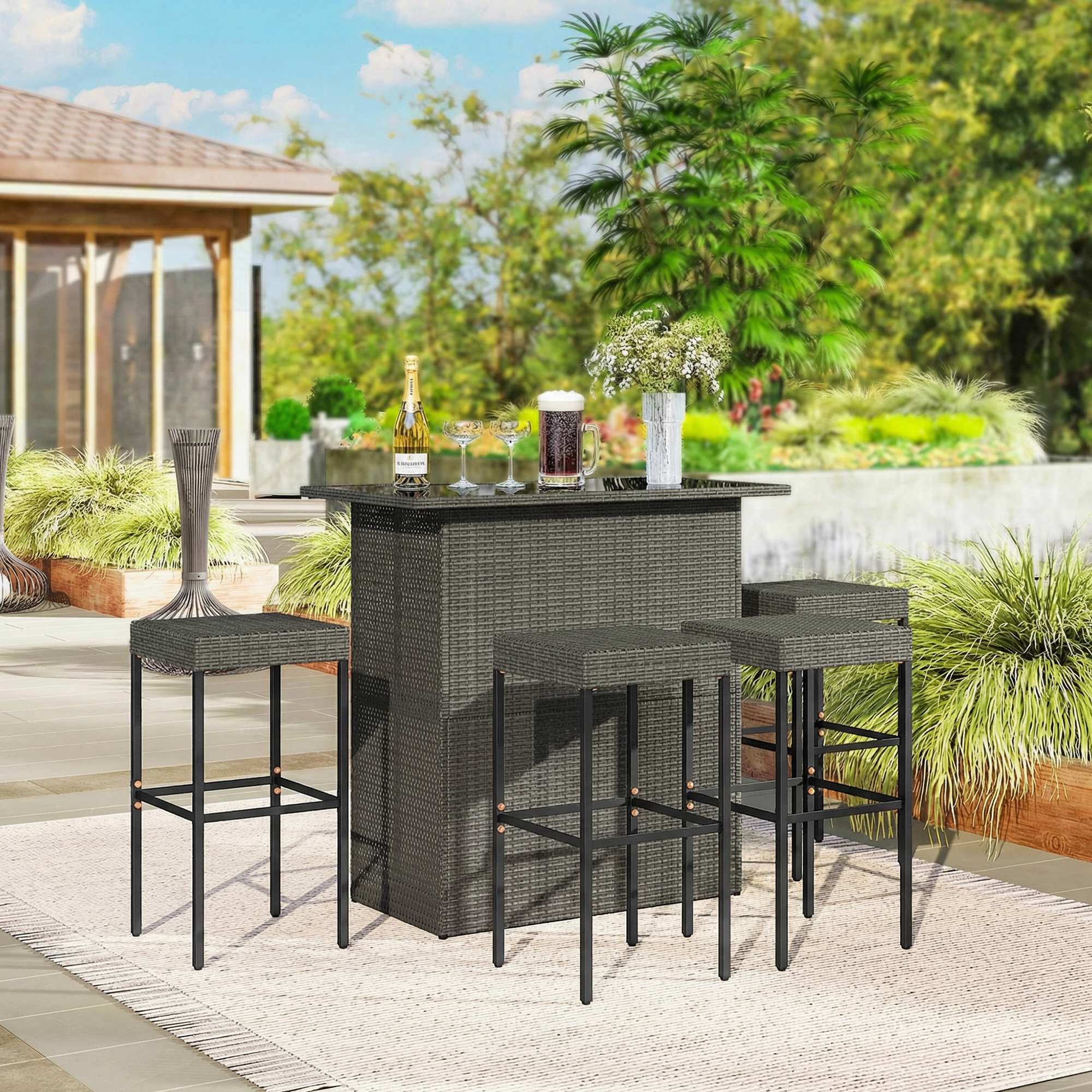 5 Piece Rattan Wicker Bar Set, High Top Outdoor Table and Chairs, Bar Height Patio Set, 2 Shelves & 4 Bar Stools