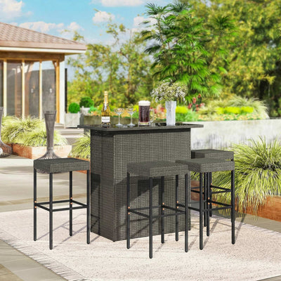 5 Piece Rattan Wicker Bar Set, High Top Outdoor Table and Chairs, Bar Height Patio Set, 2 Shelves & 4 Bar Stools