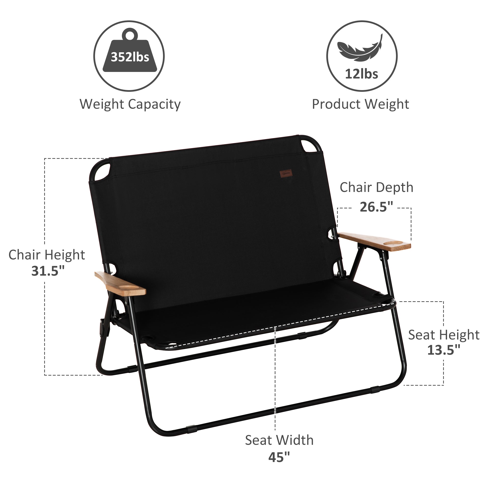 Double Folding Camping Chair, Loveseat for 2 Adults, Portable Camping Couch with Wood Armrest & Cupholders, for Backpacking, Beach, Sports Travel