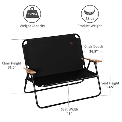 Double Folding Camping Chair, Loveseat for 2 Adults, Portable Camping Couch with Wood Armrest & Cupholders, for Backpacking, Beach, Sports Travel