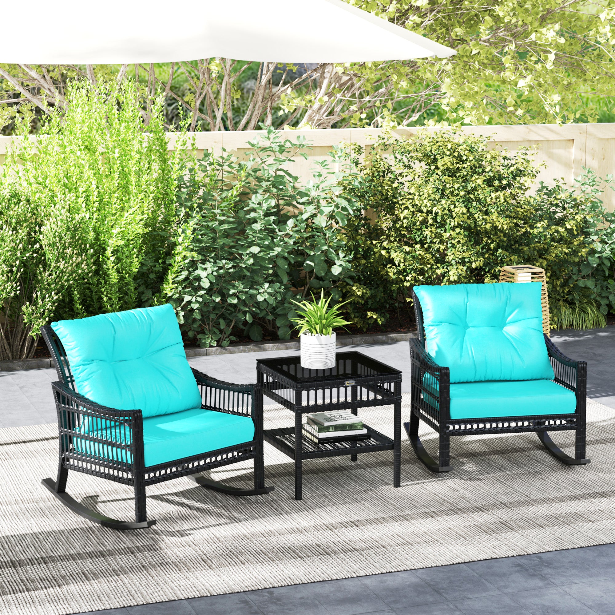 3 Piece Outdoor PE Rattan Rocker Chair Set, Rocking Chair with Tempered Glass Table Top