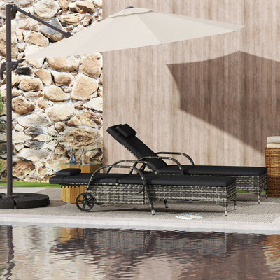 2 Reclining Chaise Lounge Chairs, Rolling Outdoor Chairs with Cushion, Pillow, Headrest, Armrests, and Wheels