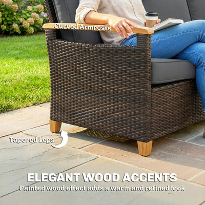 3 Seater Outdoor Couch Sofa, PE Wicker Patio Sofa, Wide Deep Seat, 4" Cushions, Wood-Effect Armrests Legs
