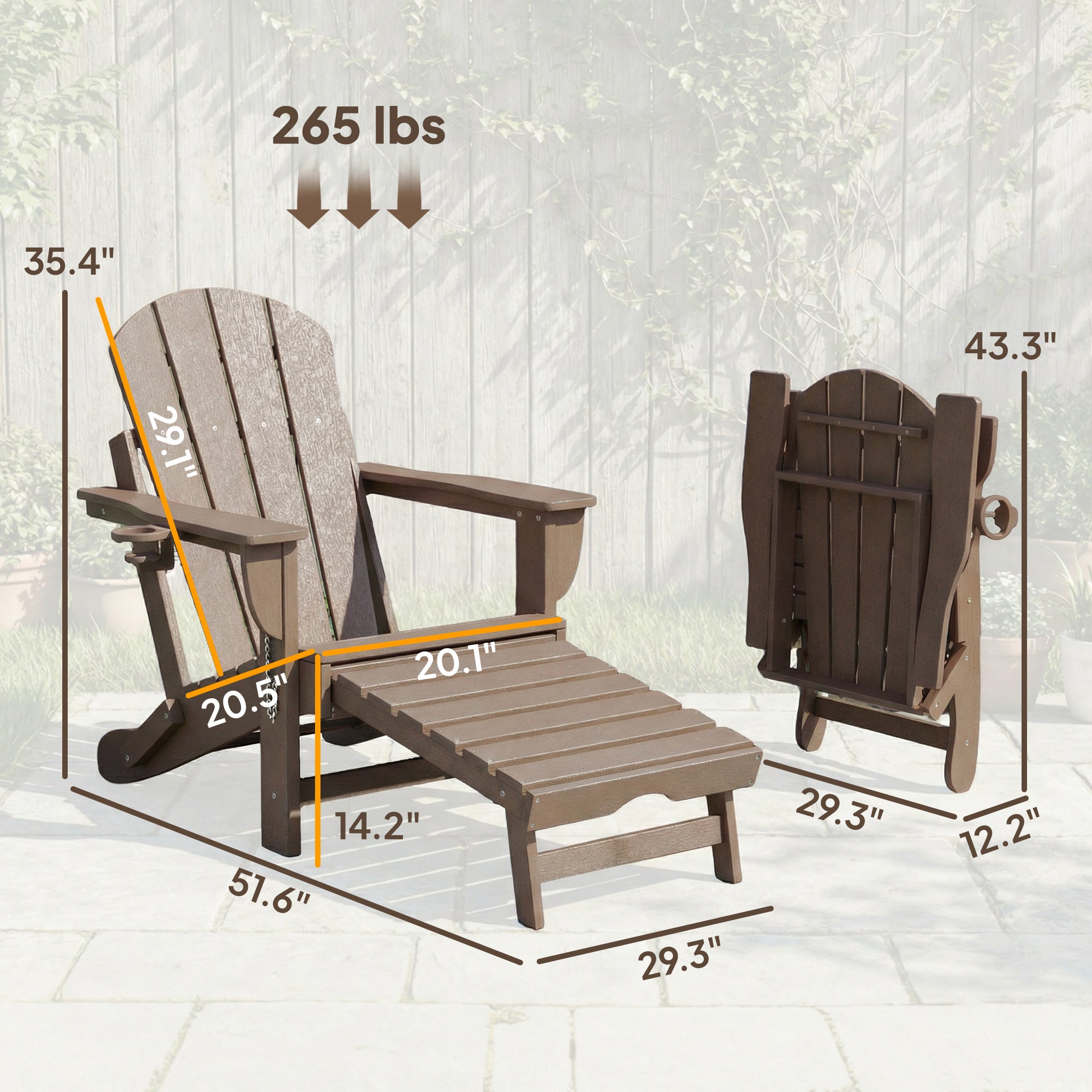 Folding Adirondack Chair Set of 2, HDPE Fire Pit Chair with Retractable Ottoman and Cup Holder