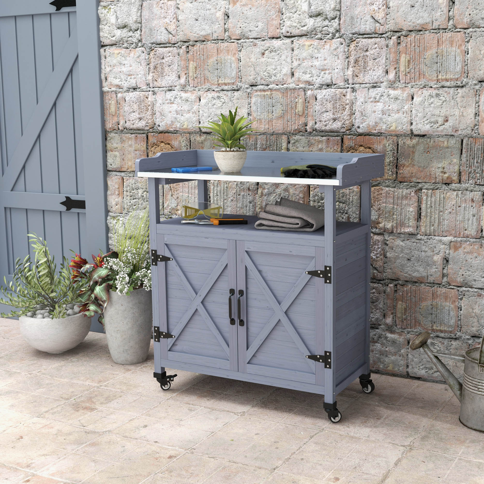 Outdoor Wooden Potting Bench with Storage Cabinet, Aluminum Tabletop, Rubber Wheels for Backyard, Patio, Balcony