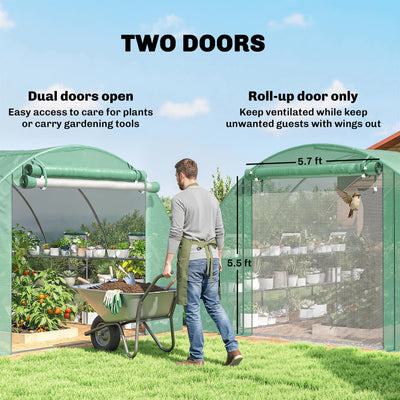 10'x11'x6' Walk-in Tunnel Greenhouse with Shelves, Mesh Door and Windows, Hoop House Greenhouse with PE Cover