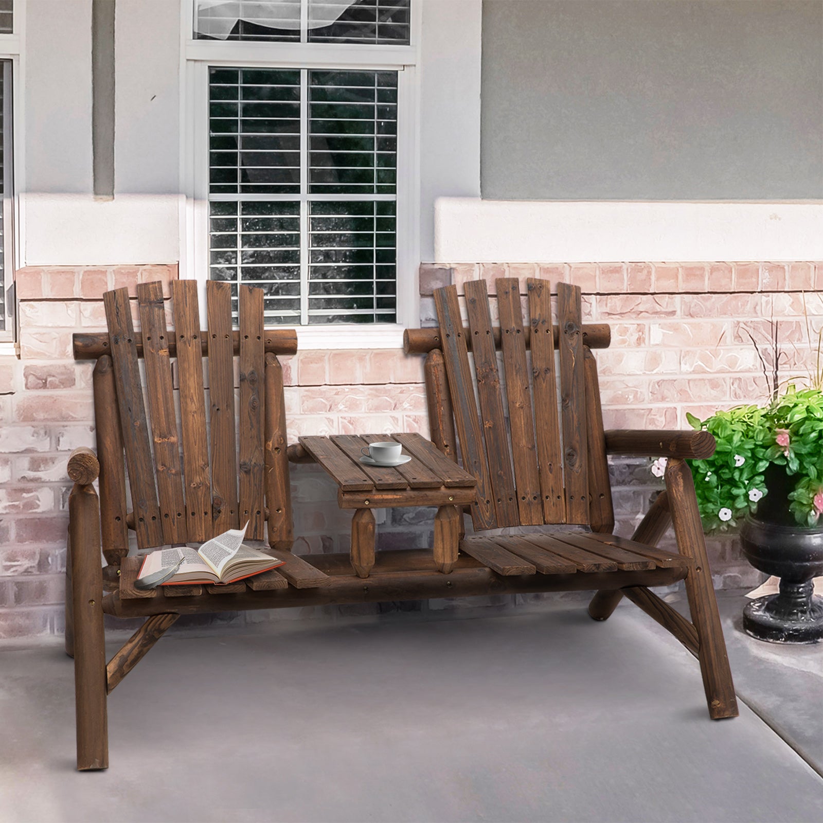 2-Seat Wooden Adirondack Chair, Patio Bench with Table, Outdoor Loveseat Fire Pit Chair for Porch, Backyard, Deck