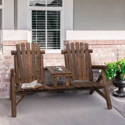 2-Seat Wooden Adirondack Chair, Patio Bench with Table, Outdoor Loveseat Fire Pit Chair for Porch, Backyard, Deck