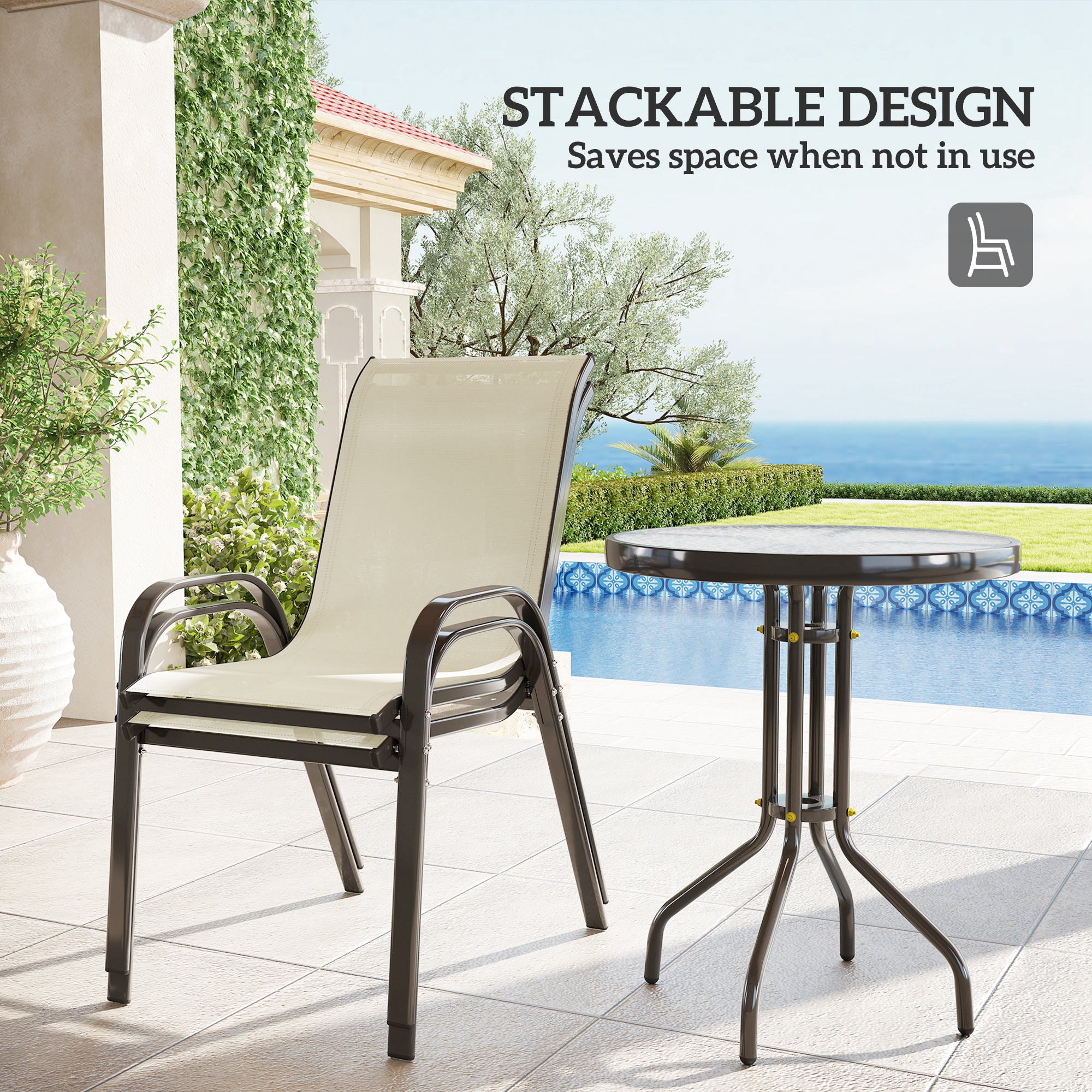 3 Pieces Bistro Set, Small Patio Furniture Set with Stackable Chairs and Glass Table for Backyard, Balcony