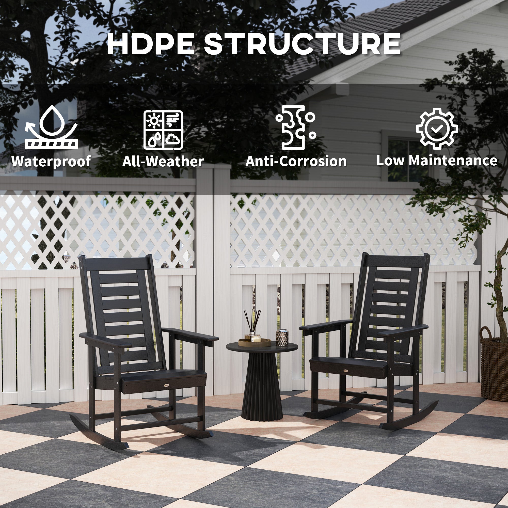 2 Pieces Outdoor Rocking Chairs, HDPE Patio Rockers with 28" High Back, Wide Armrests for Porch Backyard