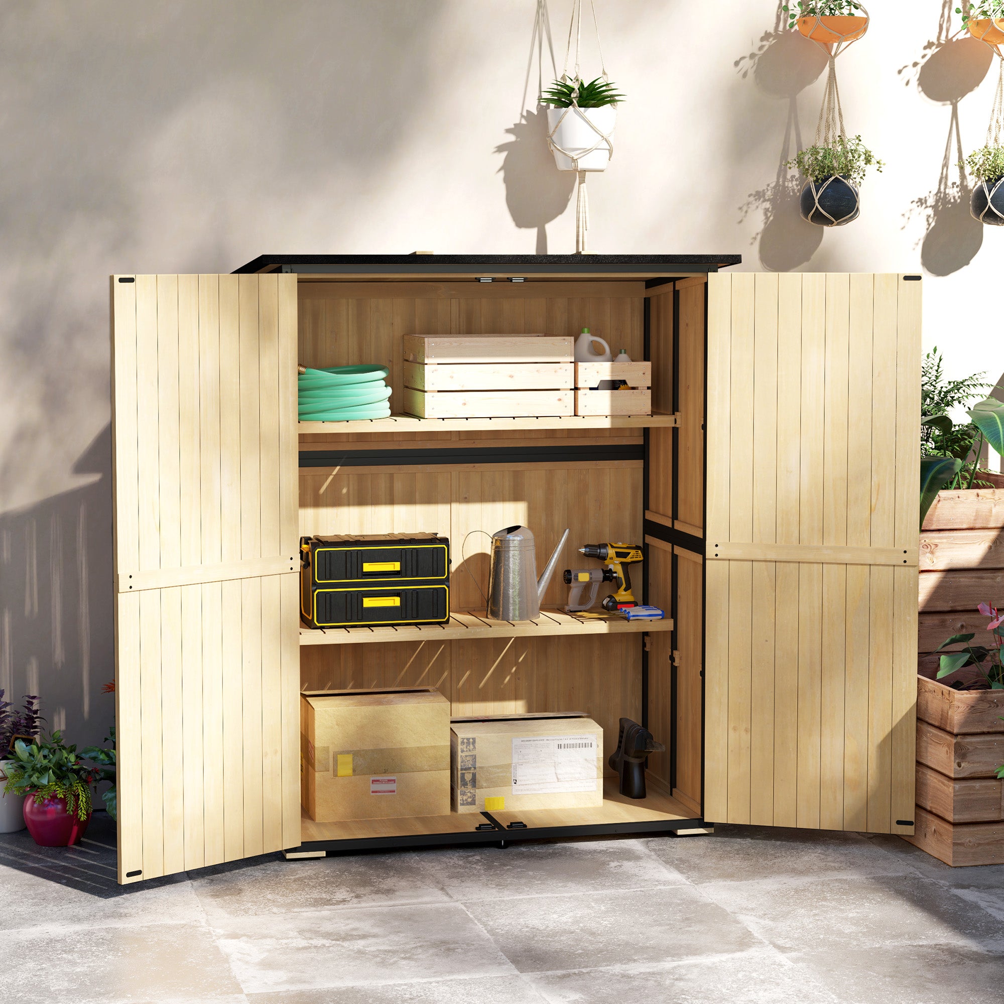 Wood Storage Shed, Outdoor Garden Shed with Asphalt Roof, 2 Shelves, Lockable Doors and Adjustable Feet