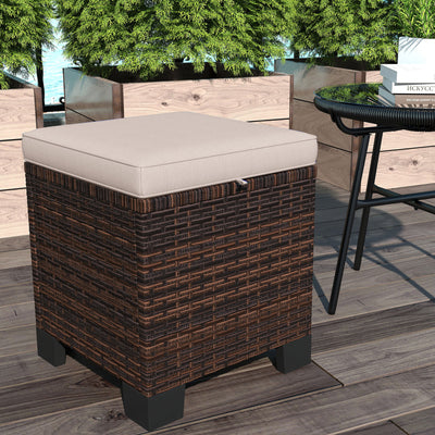 2 Piece Wicker Outdoor Ottomans with Cushions, Rattan Ottoman Footrest and Side Table for Patio, Yard, Poolside