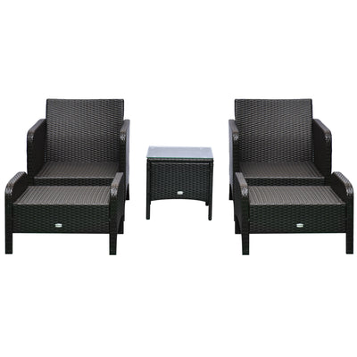 5 Pieces Rattan Wicker Lounge Chair Outdoor Patio Conversation Set with 2 Cushioned Chairs, 2 Ottomans and Tempered Glass Top Coffee Table