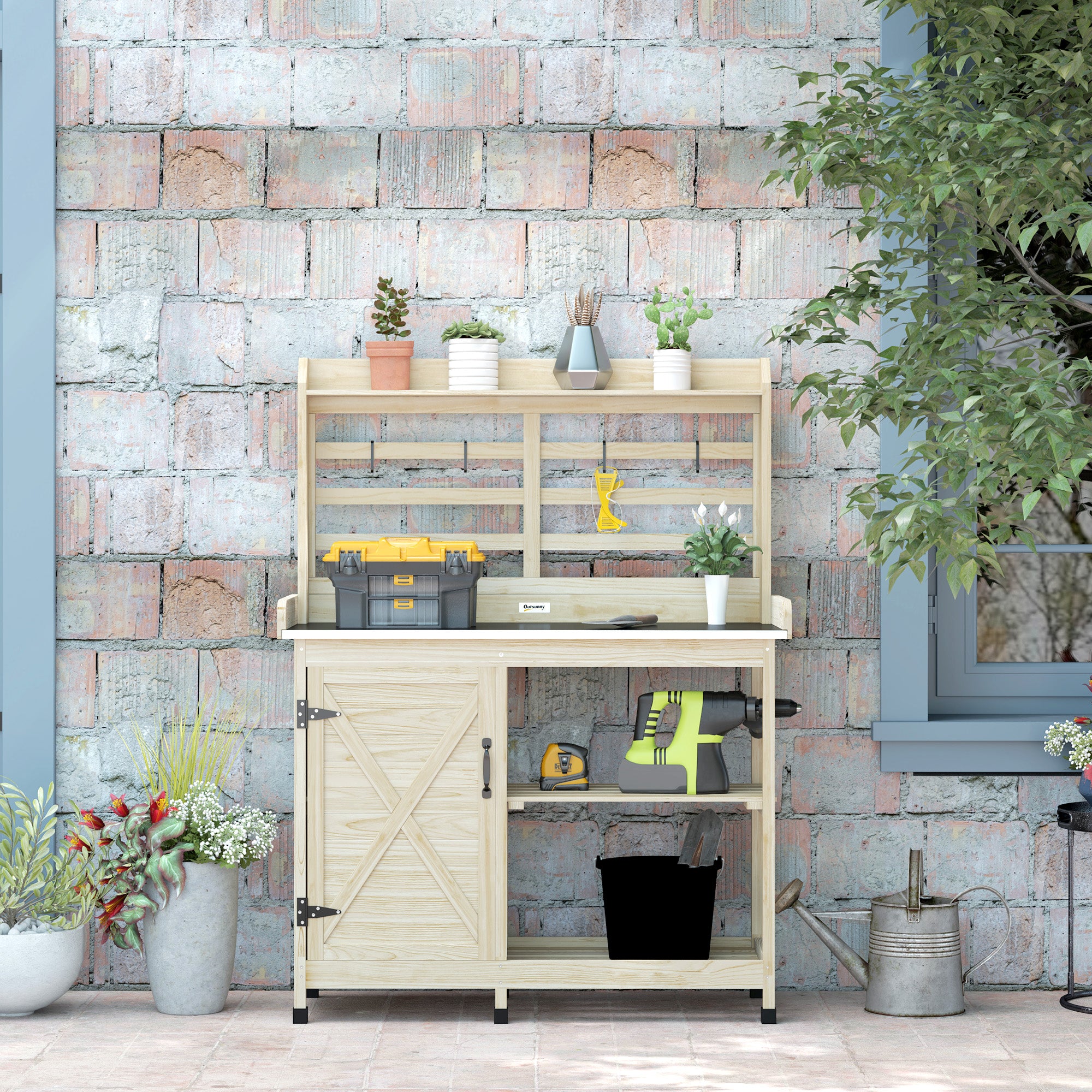 Wooden Potting Bench with Storage, Aluminum Tabletop for Backyard, Patio, Balcony