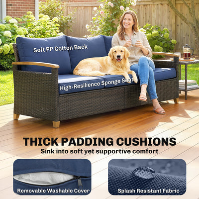 3 Seater Outdoor Couch Sofa, PE Wicker Patio Sofa, Wide Deep Seat, 4" Cushions, Wood-Effect Armrests Legs