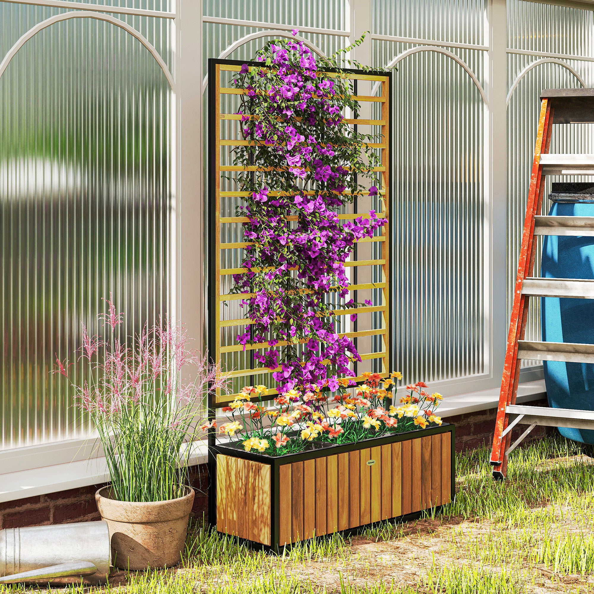 Wooden Raised Garden Bed with Trellis, Removable Pots for Backyard, Patio, Balcony, 29" x 11" x 52"